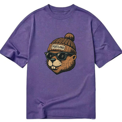 Portland Beaver wearing Portland beanie with pom pom and wayfarer sunglasses - Classic T-shirt - Purple