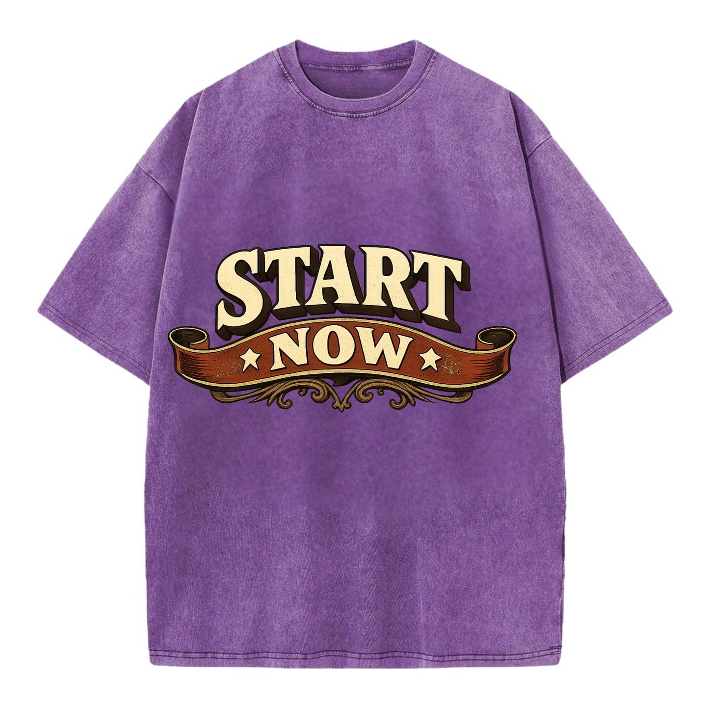 Bold typography design - "START NOW" - begin immediately, no delay - Vintage T-shirt - Purple