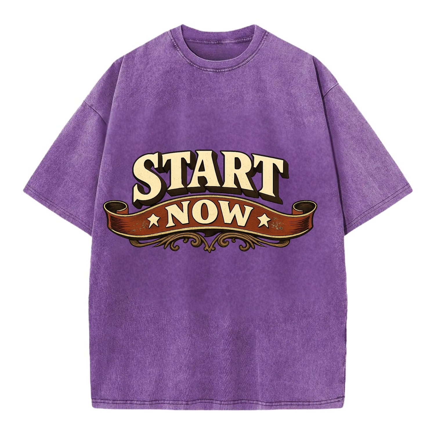 Bold typography design - "START NOW" - begin immediately, no delay - Vintage T-shirt - Purple
