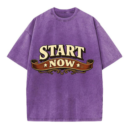 Bold typography design - "START NOW" - begin immediately, no delay - Vintage T-shirt - Purple