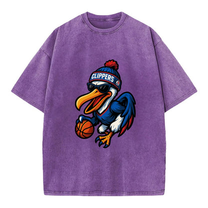 Los Angeles Pelican wearing Clippers beanie with sailboat patch and wayfarer - Vintage T-shirt - Purple