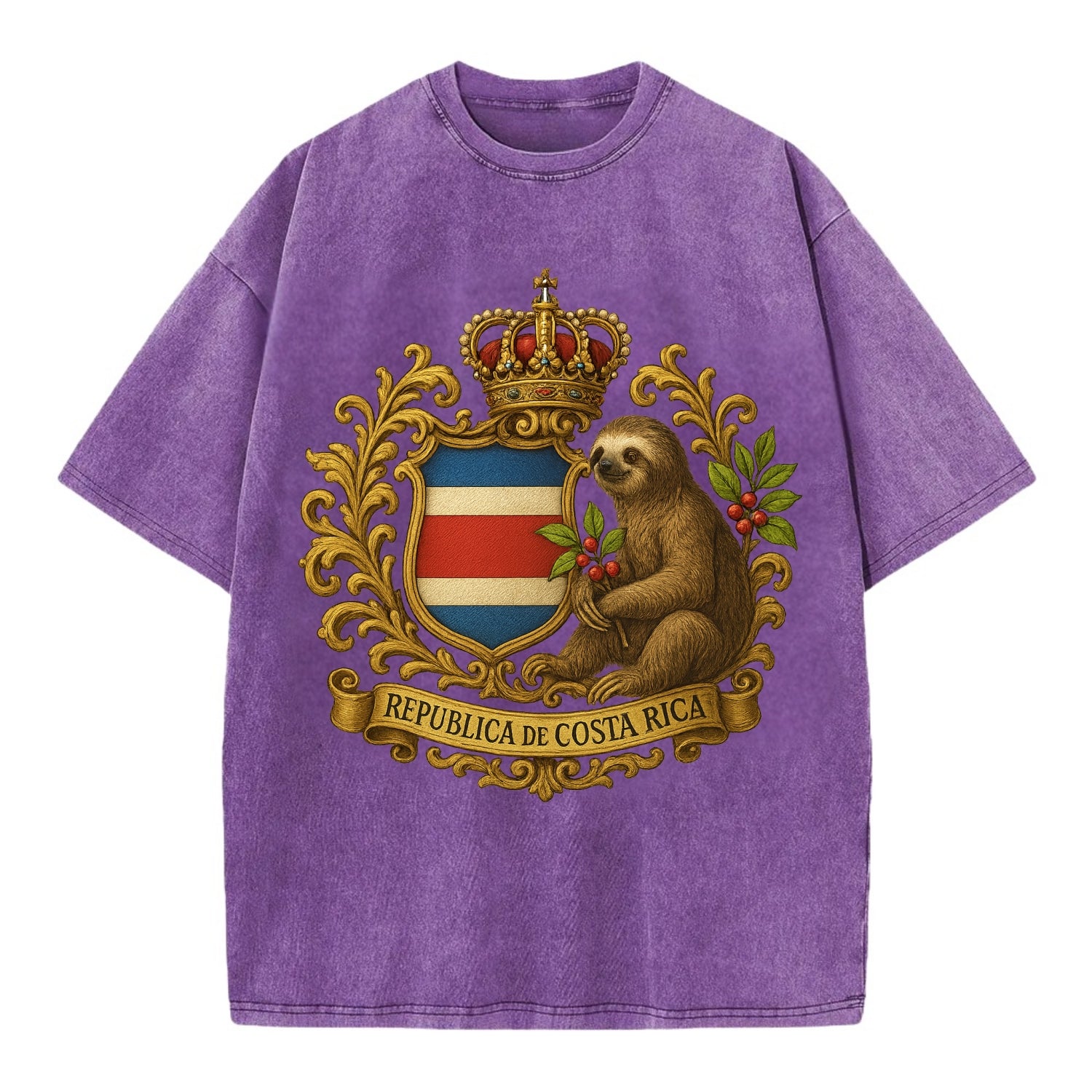 Costa Rica Sloth Emblem  - Vintage T-shirt - Purple