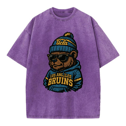 Los Angeles Bruin wearing UCLA beanie with script patch - Vintage T-shirt - Purple