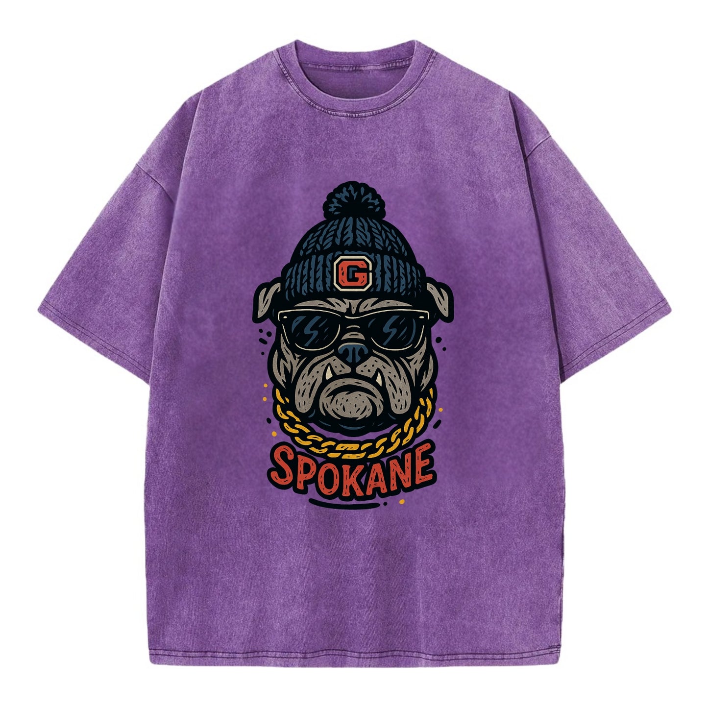Spokane Bulldog wearing Gonzaga beanie with G patch - Vintage T-shirt - Purple