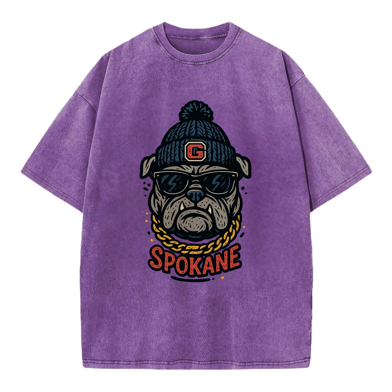 Spokane Bulldog wearing Gonzaga beanie with G patch - Vintage T-shirt - Purple