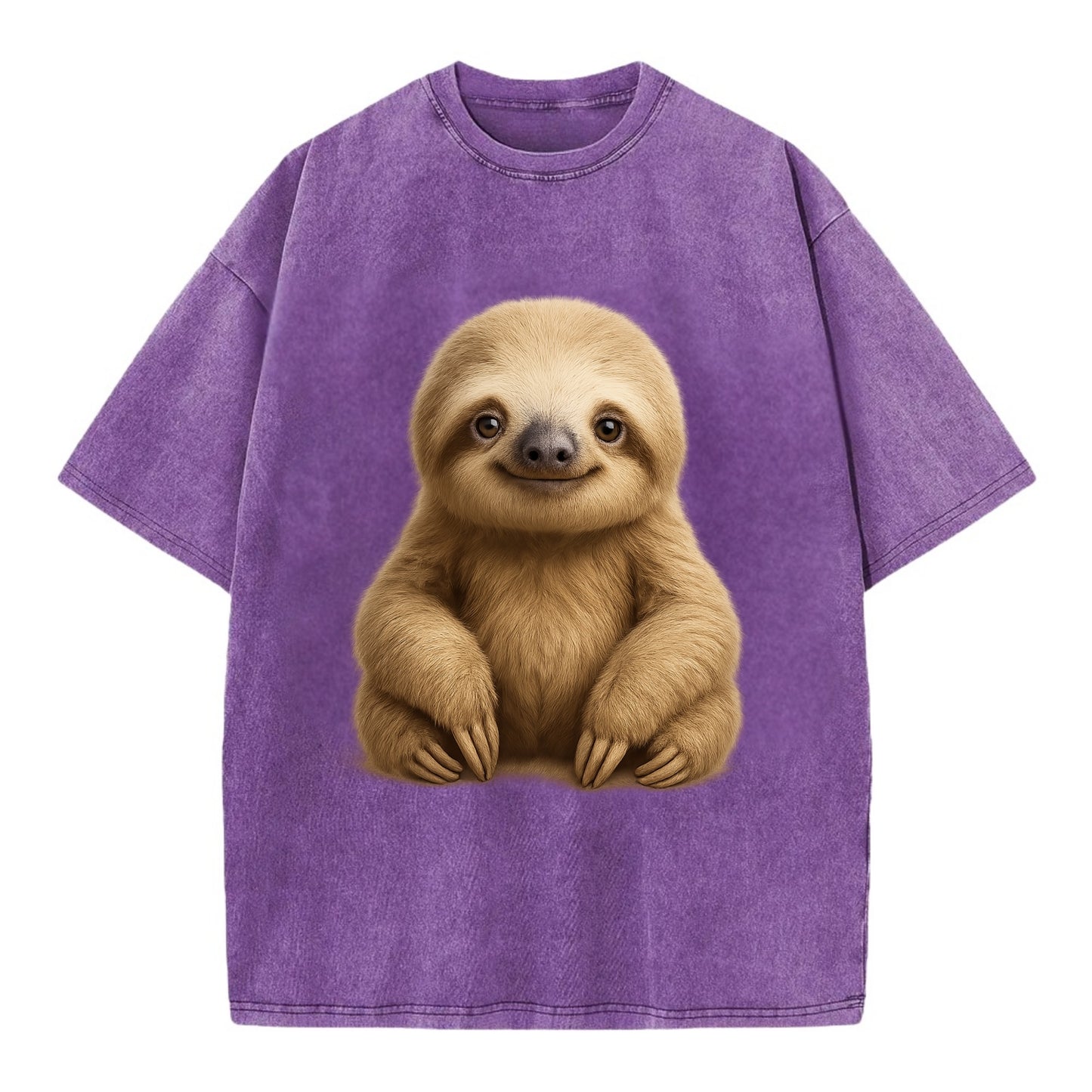 Baby Sloth - tan fur, long arms, peaceful smile, gentle eyes, front-facing, zen - Vintage T-shirt - Purple