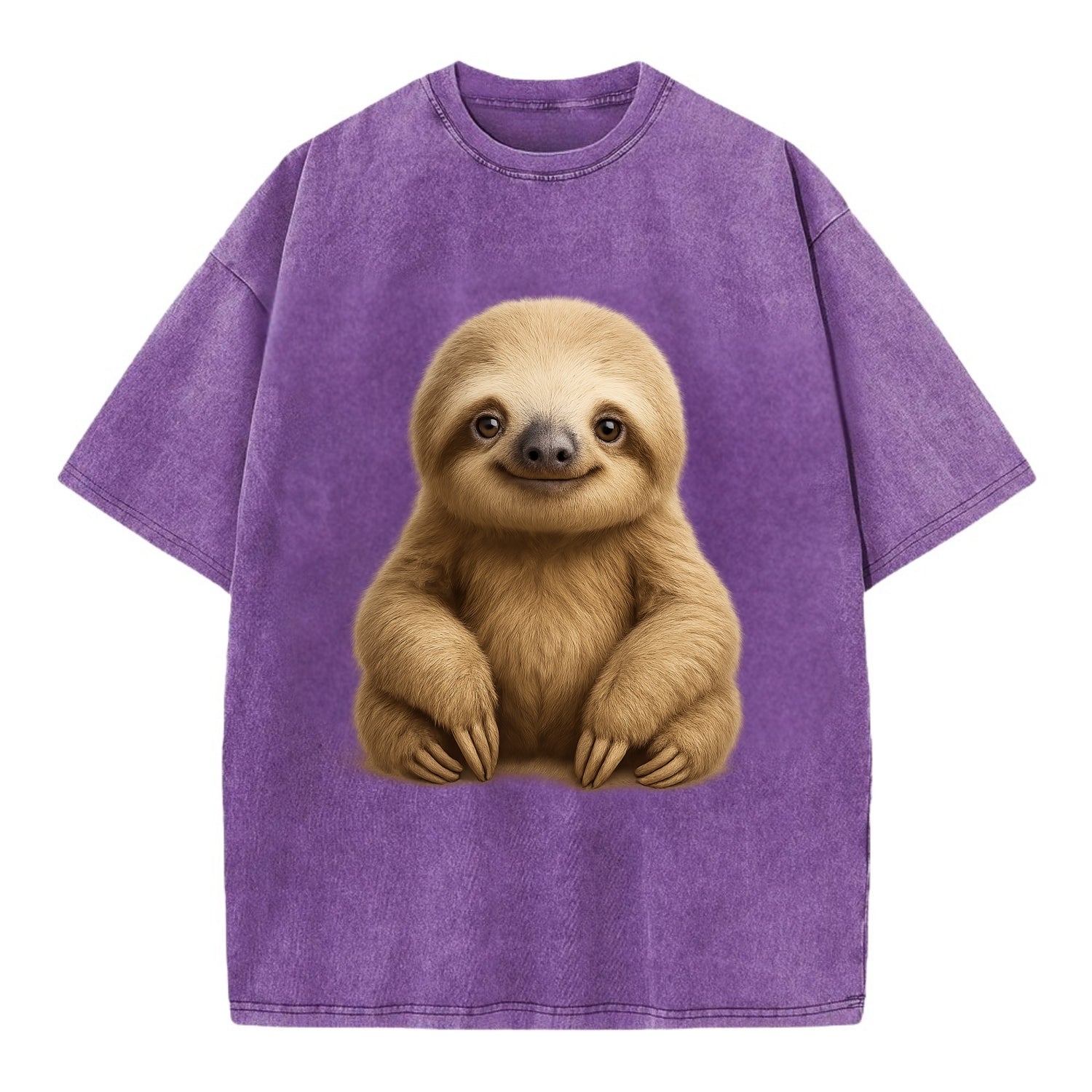 Baby Sloth - tan fur, long arms, peaceful smile, gentle eyes, front-facing, zen - Vintage T-shirt - Purple