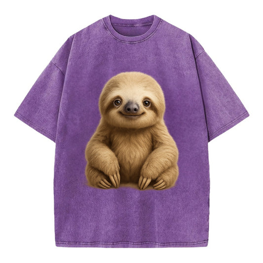 Baby Sloth - tan fur, long arms, peaceful smile, gentle eyes, front-facing, zen - Vintage T-shirt - Purple