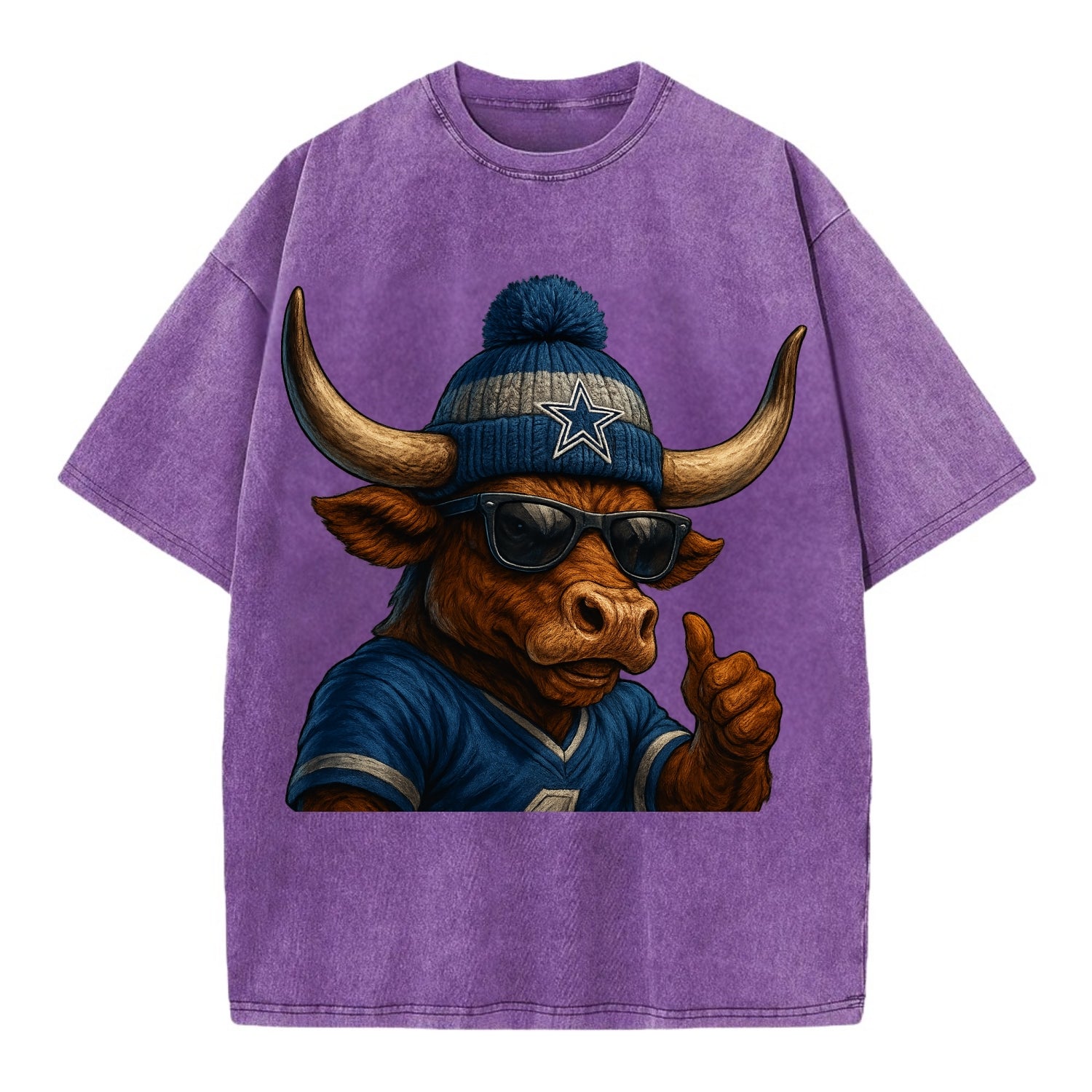 Texas Longhorn wearing Cowboys silver and blue beanie with star and wayfarer - Vintage T-shirt - Purple