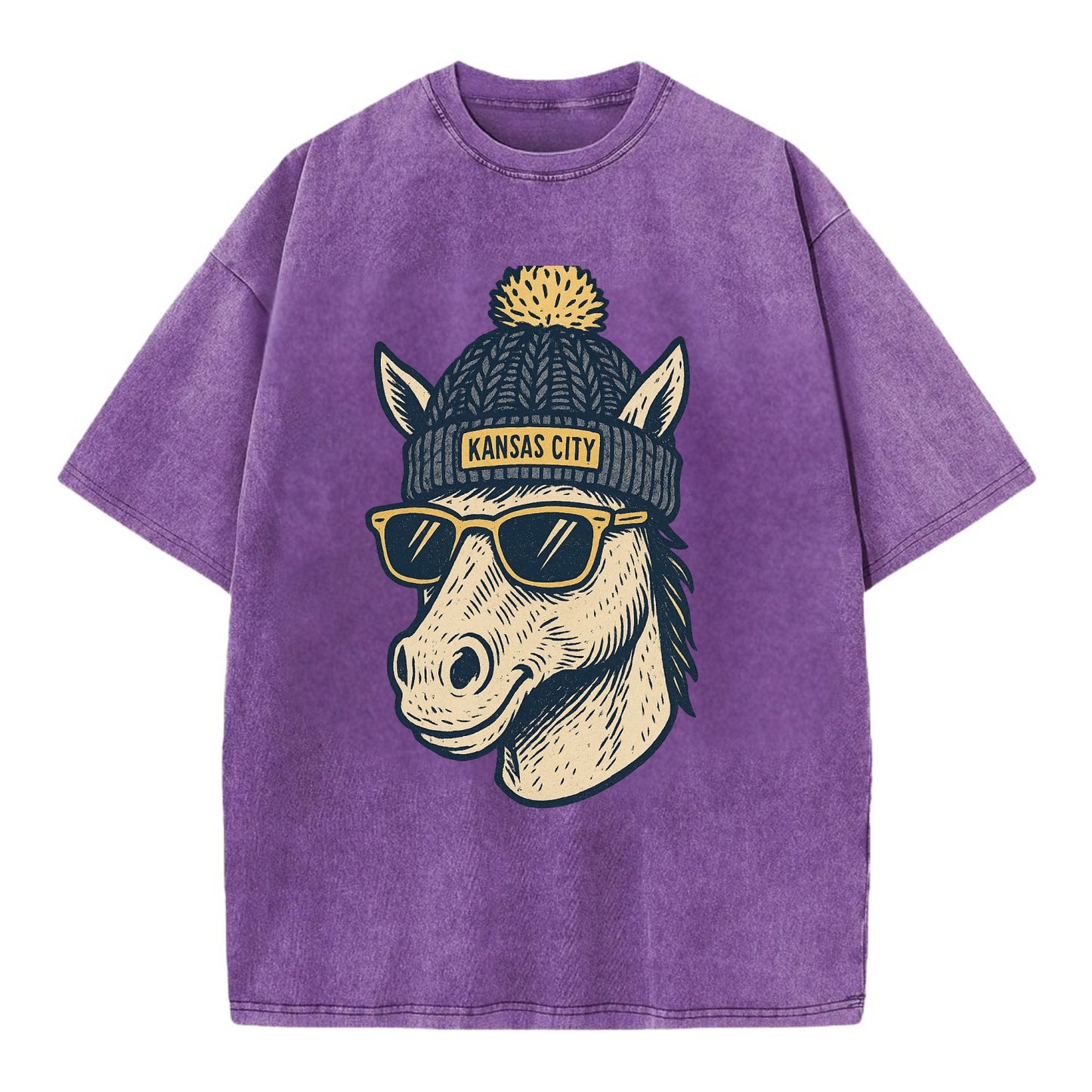 Missouri Mule wearing Kansas City beanie with pom pom and wayfarer sunglasses - Vintage T-shirt - Purple