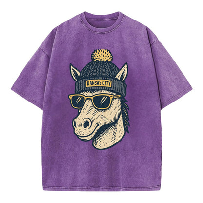 Missouri Mule wearing Kansas City beanie with pom pom and wayfarer sunglasses - Vintage T-shirt - Purple