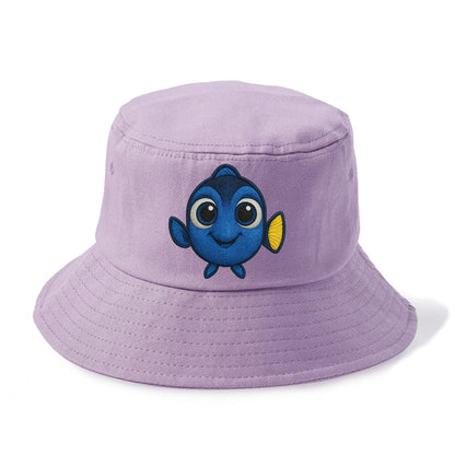 Baby Blue Tang - bright blue with yellow tail, big eyes, front-facing, Dory-style - Bucket Hat - Purple