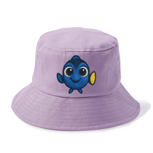 Baby Blue Tang - bright blue with yellow tail, big eyes, front-facing, Dory-style - Bucket Hat - Purple