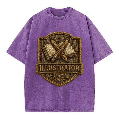 Pencils and sketchbook - illustrator badge - Vintage T-shirt - Purple