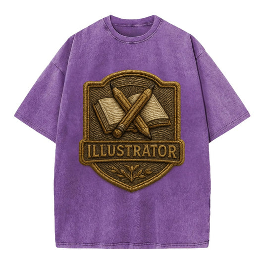 Pencils and sketchbook - illustrator badge - Vintage T-shirt - Purple