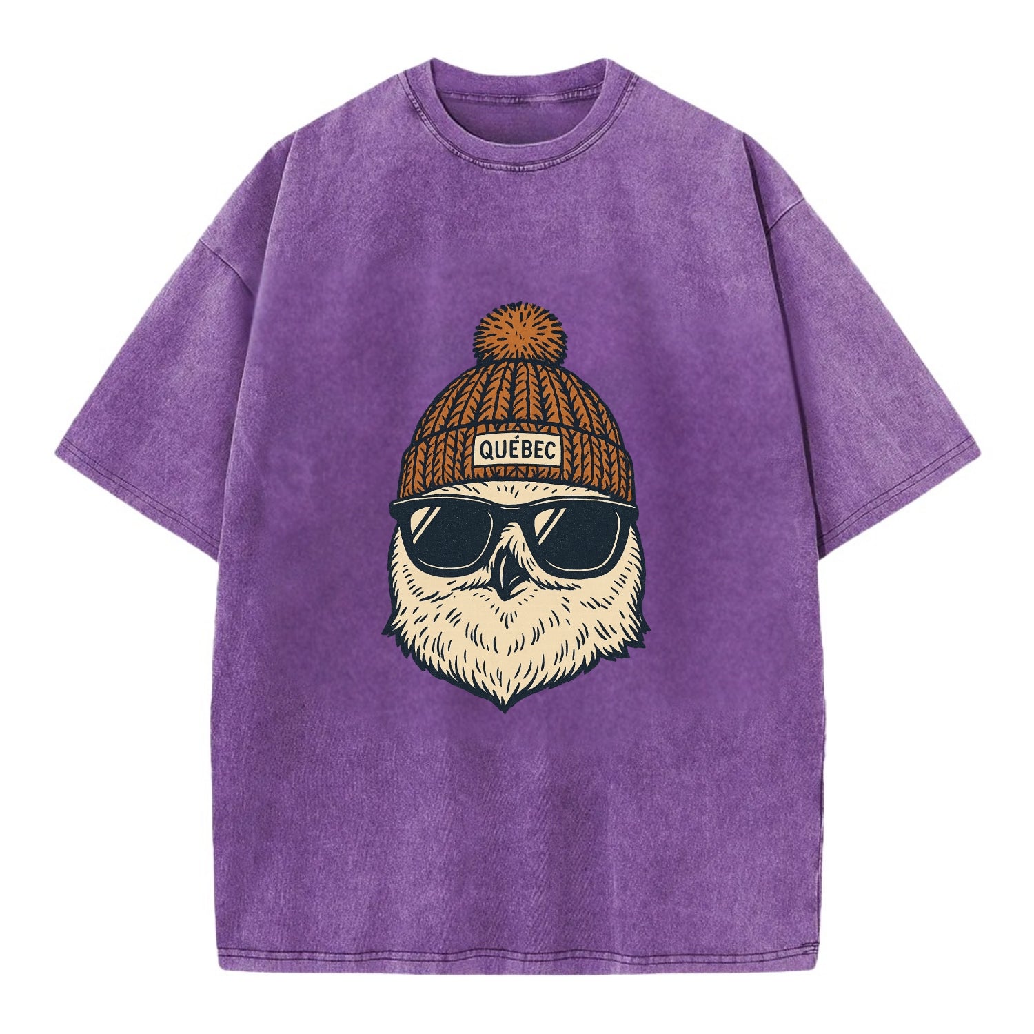 Quebec City Snowy Owl wearing Quebec beanie with pom pom and wayfarer sunglasses - Vintage T-shirt - Purple