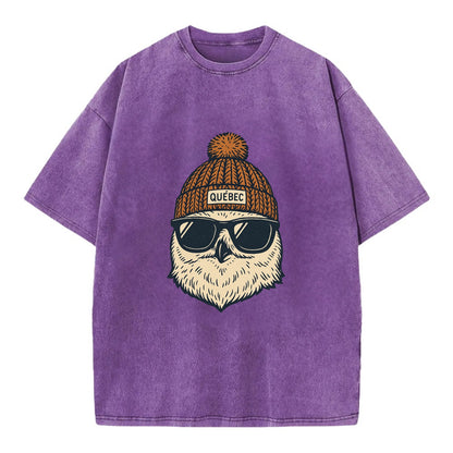 Quebec City Snowy Owl wearing Quebec beanie with pom pom and wayfarer sunglasses - Vintage T-shirt - Purple
