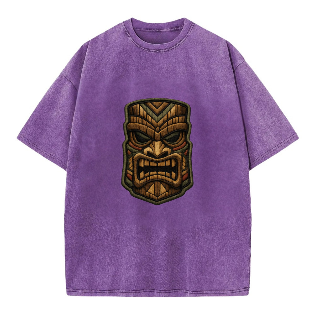 TIKI MASK - carved totem in brown and red , Polynesian - Vintage T-shirt - Purple