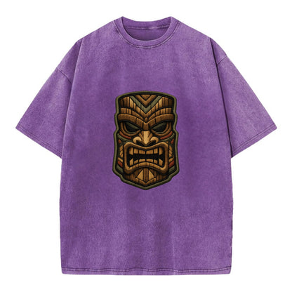 TIKI MASK - carved totem in brown and red , Polynesian - Vintage T-shirt - Purple