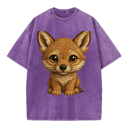 Baby Coyote Pup - tan fur, large ears, golden eyes, front-facing, clever baby - Vintage T-shirt
