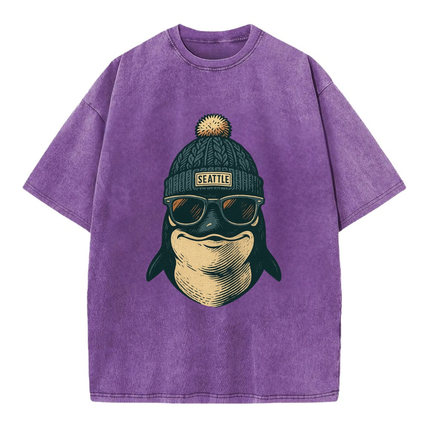 Washington Orca wearing Seattle beanie with pom pom and wayfarer sunglasses - Vintage T-shirt - Purple