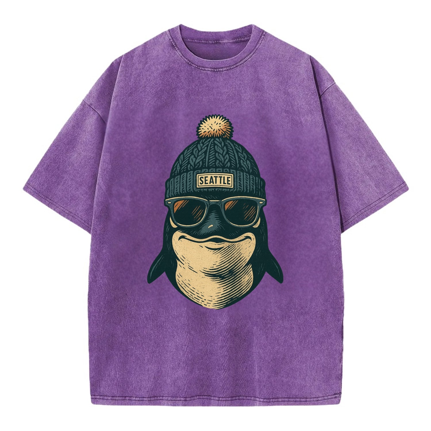 Washington Orca wearing Seattle beanie with pom pom and wayfarer sunglasses - Vintage T-shirt - Purple