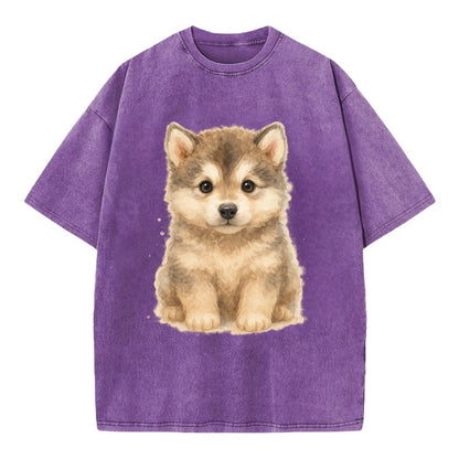 Baby Alaskan Malamute Puppy - wolf-like, fluffy coat, friendly eyes, - Vintage T-shirt - Purple