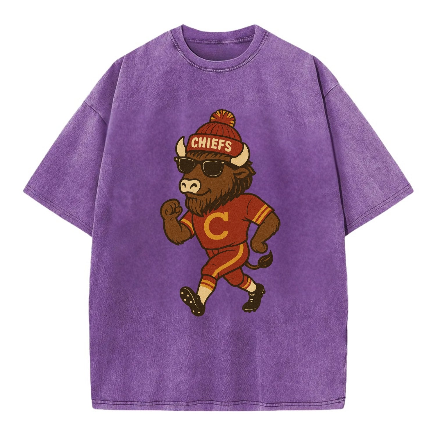 KC Bison wearing Chiefs beanie with arrowhead patch and wayfarer sunglasses - Vintage T-shirt - Purple