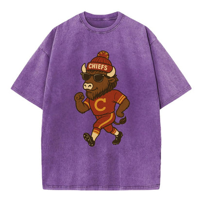 KC Bison wearing Chiefs beanie with arrowhead patch and wayfarer sunglasses - Vintage T-shirt - Purple