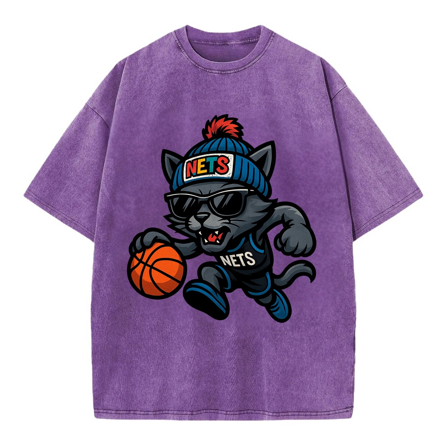 Brooklyn Cat wearing Nets beanie with street art patch and wayfarer sunglasses - Vintage T-shirt - Purple