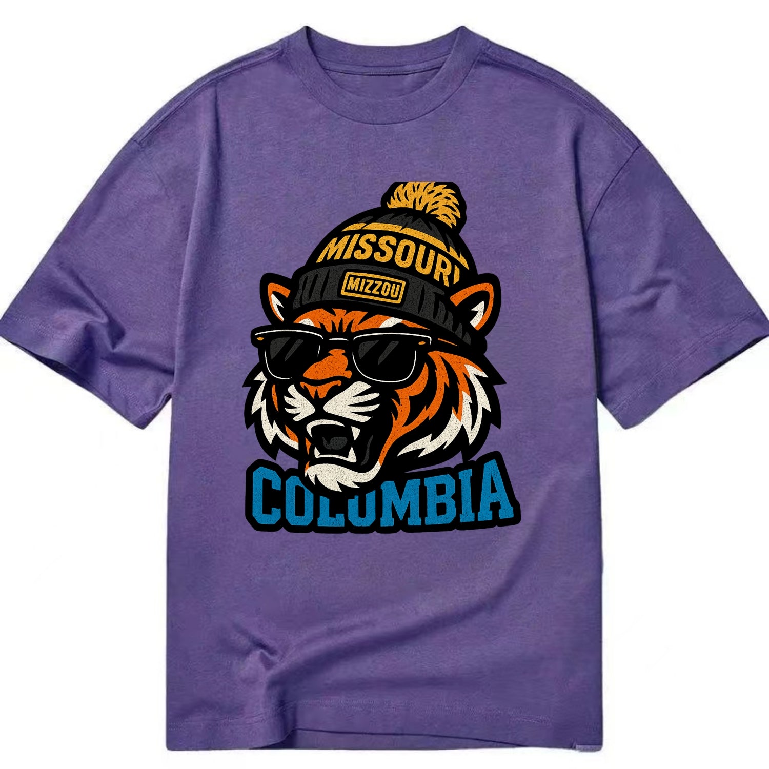 Columbia Tiger wearing Missouri beanie with Mizzou patch - Classic T-shirt - Purple