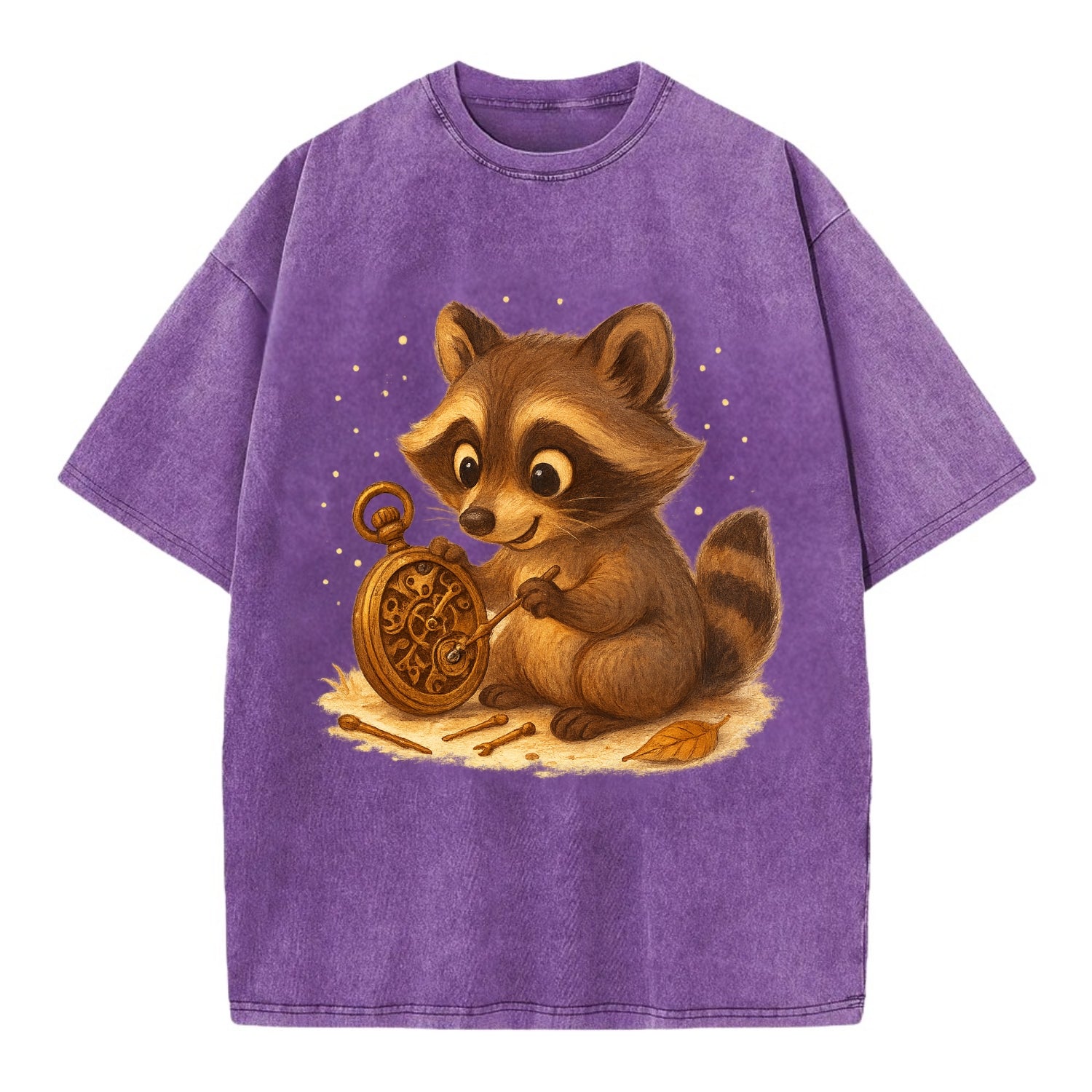 Raccoon tinkering with a steampunk pocket watch using tiny brass tools - Vintage T-shirt - Purple