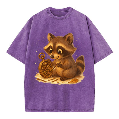 Raccoon tinkering with a steampunk pocket watch using tiny brass tools - Vintage T-shirt - Purple