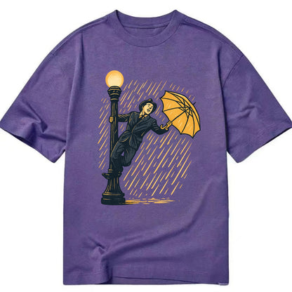 joyful dancing on lamppost in heavy rain with big smile - Classic T-shirt - Purple