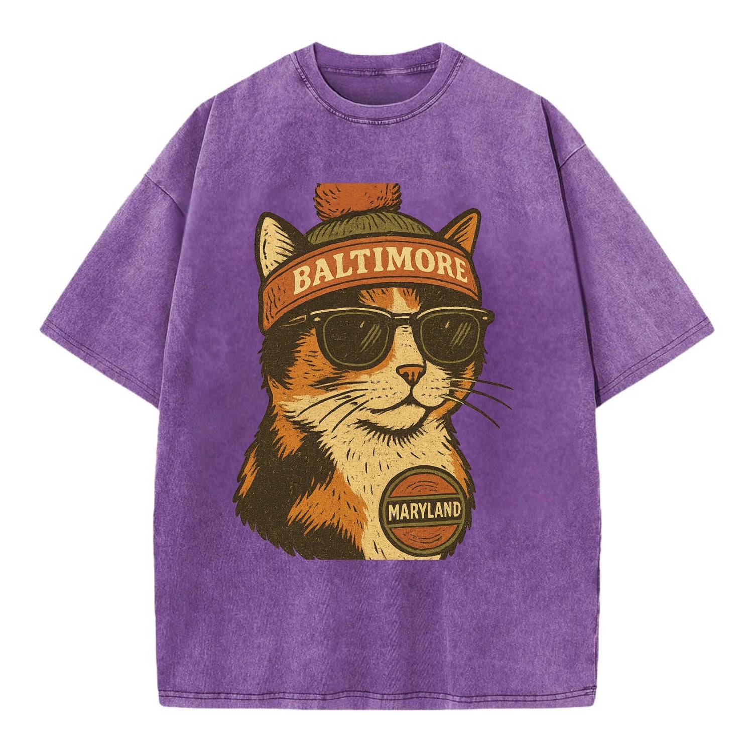 Maryland Calico Cat wearing Baltimore beanie with pom pom and wayfarer sunglasses - Vintage T-shirt - Purple
