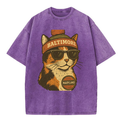 Maryland Calico Cat wearing Baltimore beanie with pom pom and wayfarer sunglasses - Vintage T-shirt - Purple