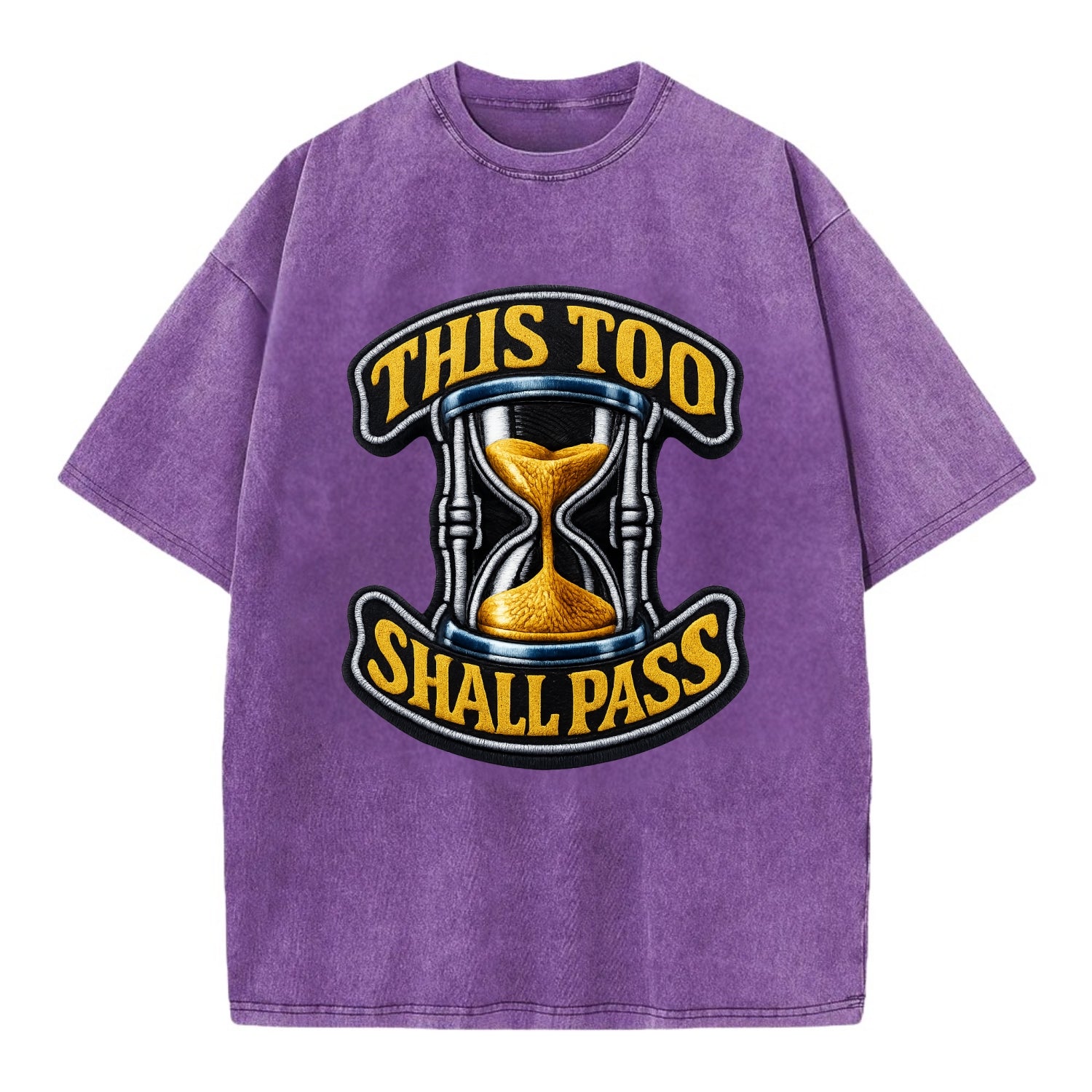 THIS TOO SHALL PASS - hourglass with text in gold , perspective - Vintage T-shirt - Purple