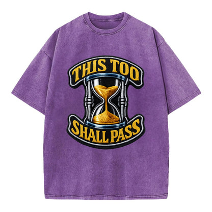 THIS TOO SHALL PASS - hourglass with text in gold , perspective - Vintage T-shirt - Purple