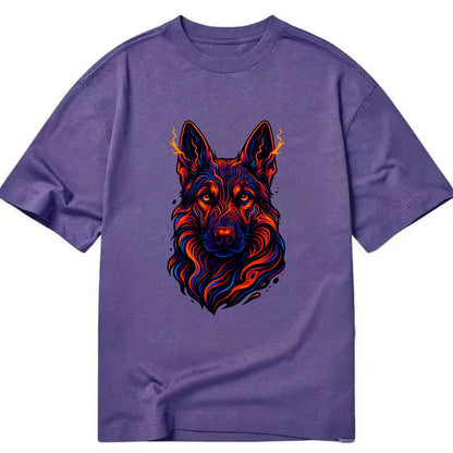 Alert German Shepherd with cyber circuit patterns in the fur, neon orange and - Classic T-shirt - Purple