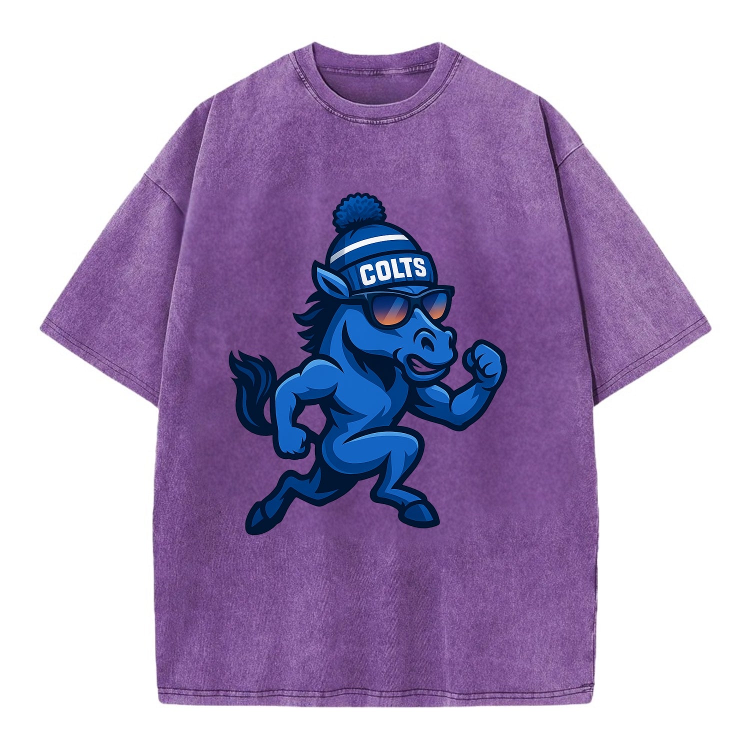 Indianapolis Colt Horse wearing Colts blue and white beanie with pom pom and - Vintage T-shirt - Purple