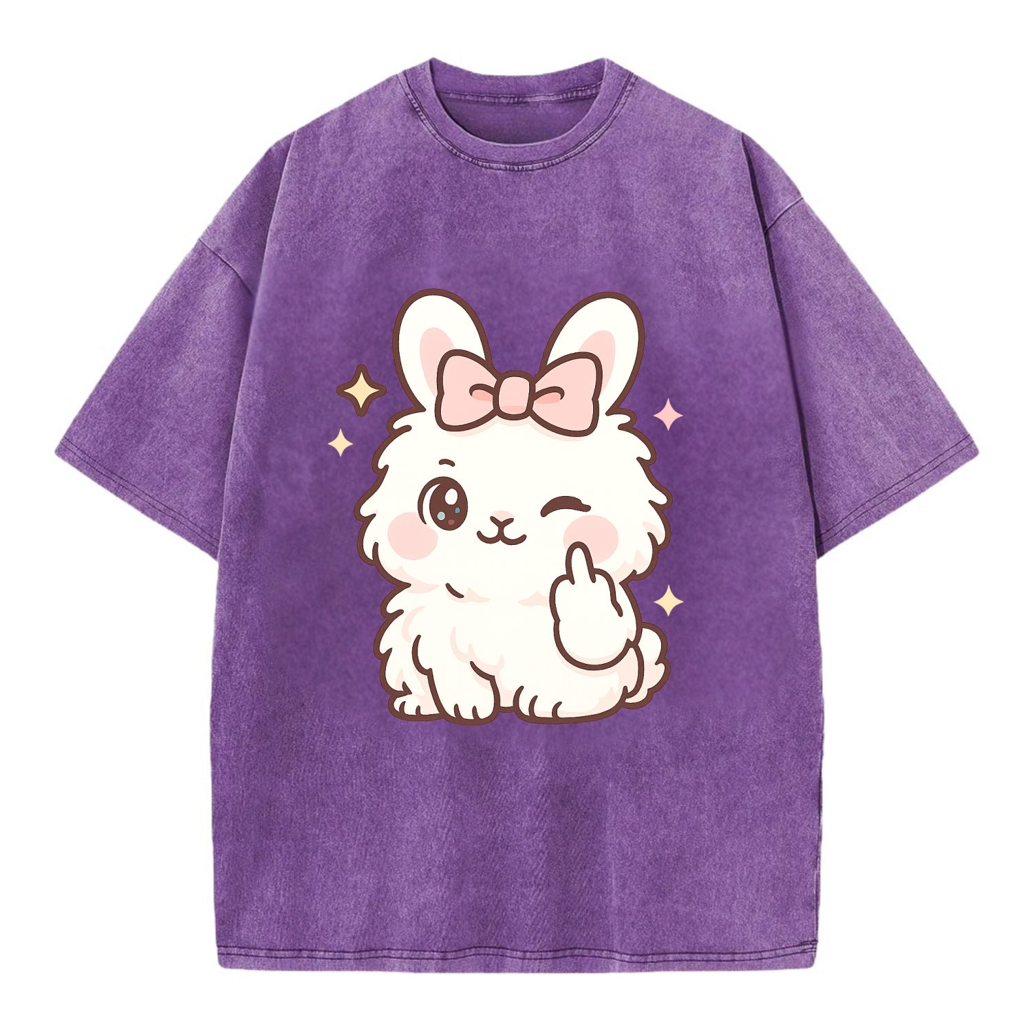 fluffy white angora rabbit with pink bow, one paw delicately flipping off - Vintage T-shirt - Purple