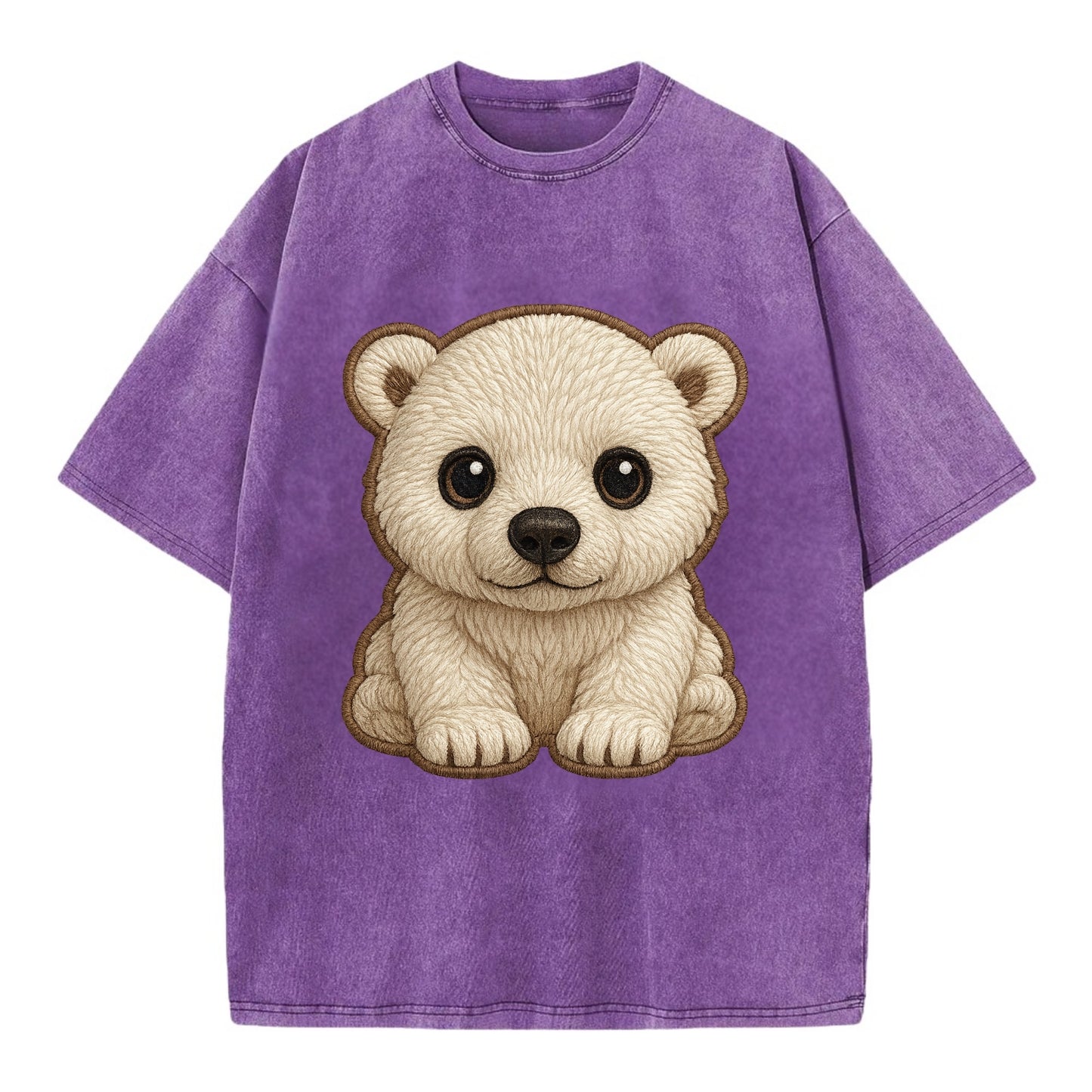 Baby Polar Bear Cub - white fluffy, black nose, dark curious eyes, front-facing, - Vintage T-shirt - Purple