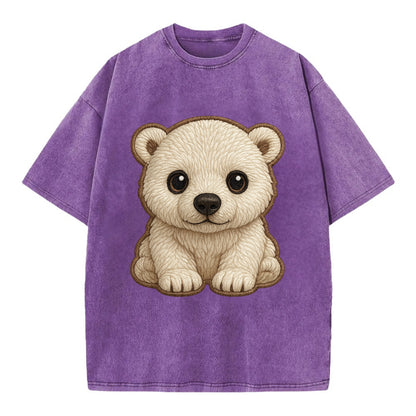 Baby Polar Bear Cub - white fluffy, black nose, dark curious eyes, front-facing, - Vintage T-shirt - Purple