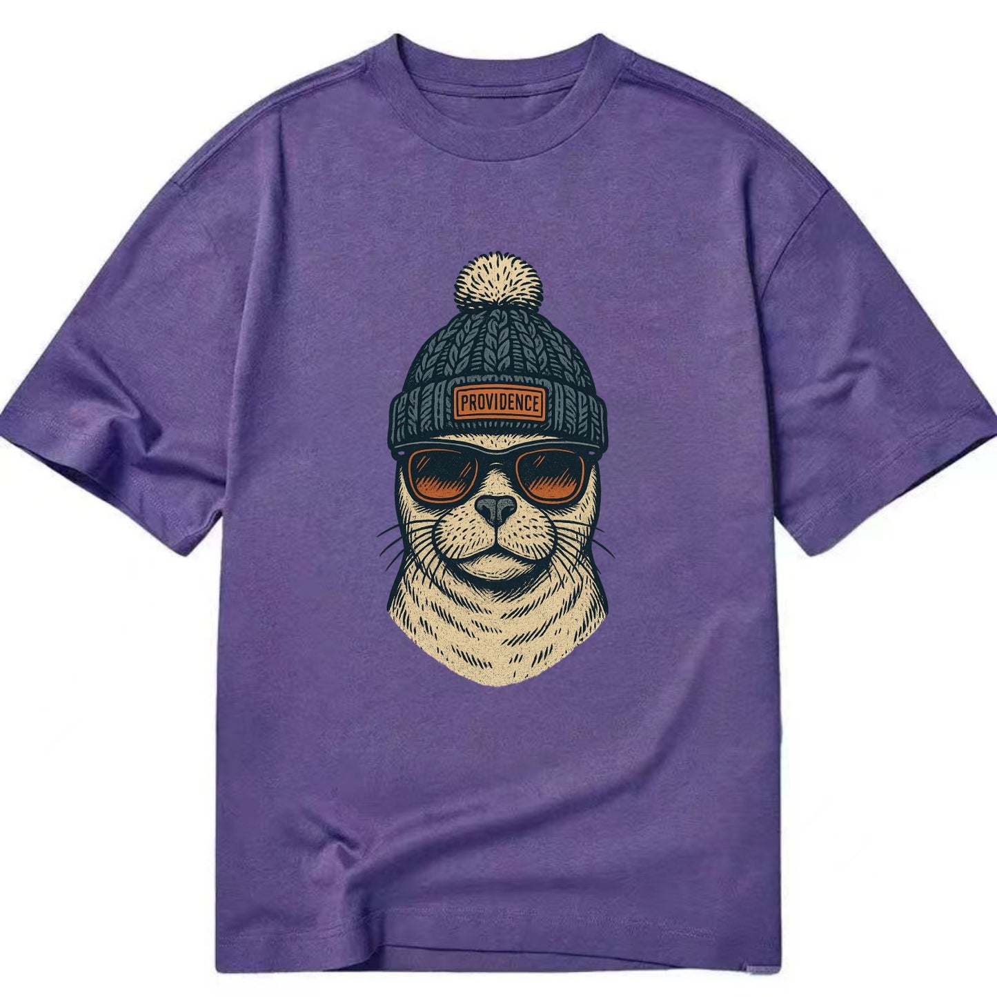 Rhode Island Harbor Seal wearing Providence beanie with pom pom and wayfarer - Classic T-shirt - Purple