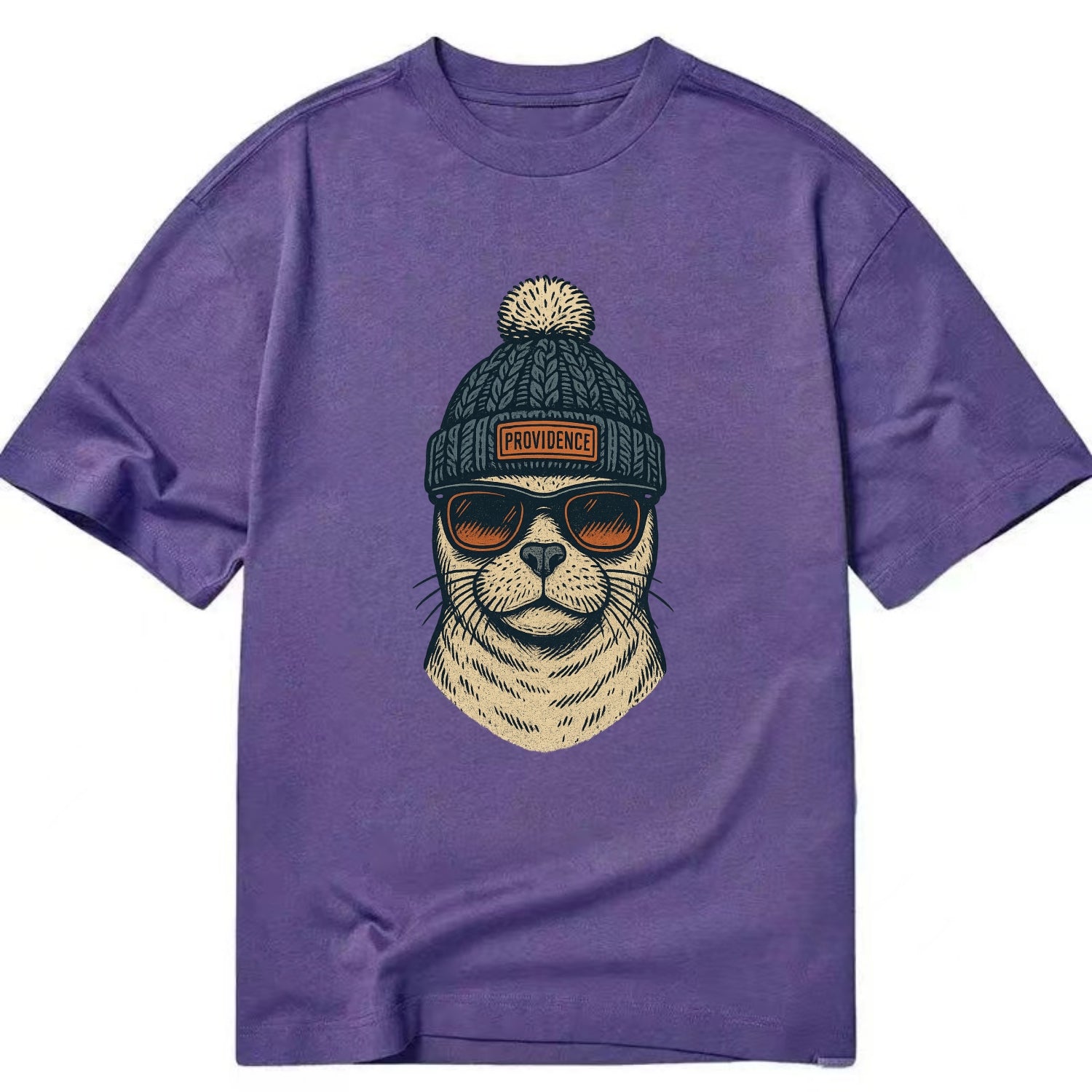 Rhode Island Harbor Seal wearing Providence beanie with pom pom and wayfarer - Classic T-shirt - Purple