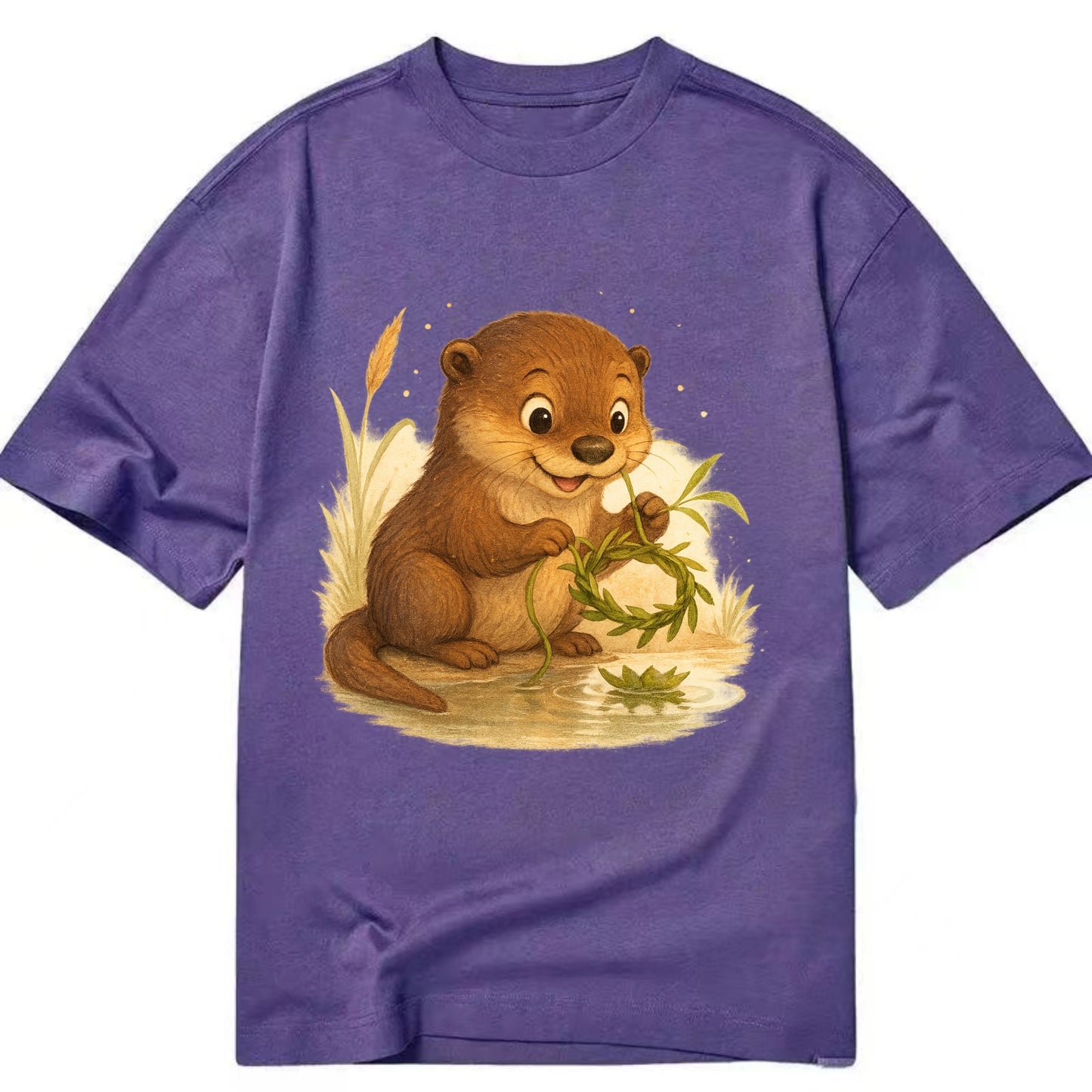 Otter weaving river reeds into a floating crown beside mirror-still water - Classic T-shirt - Purple