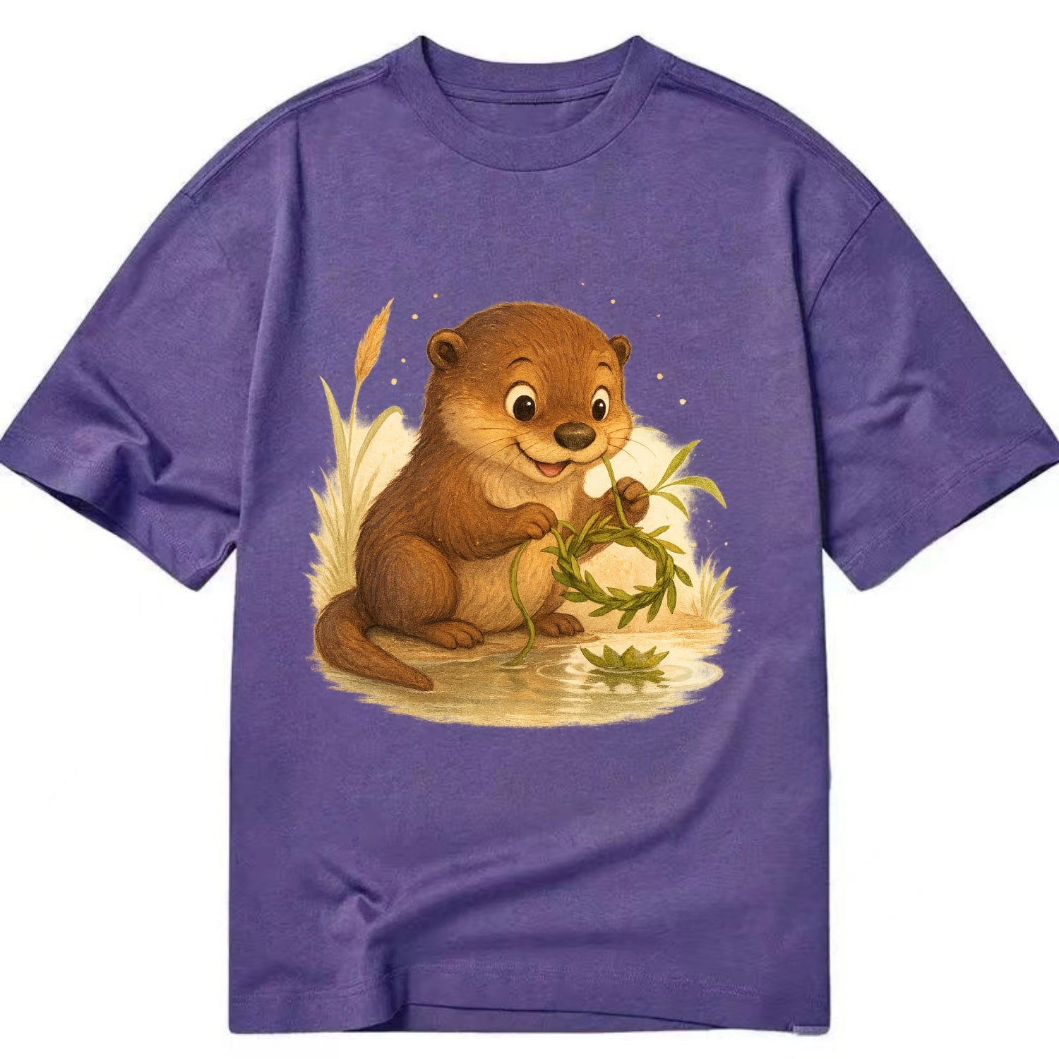 Otter weaving river reeds into a floating crown beside mirror-still water - Classic T-shirt - Purple