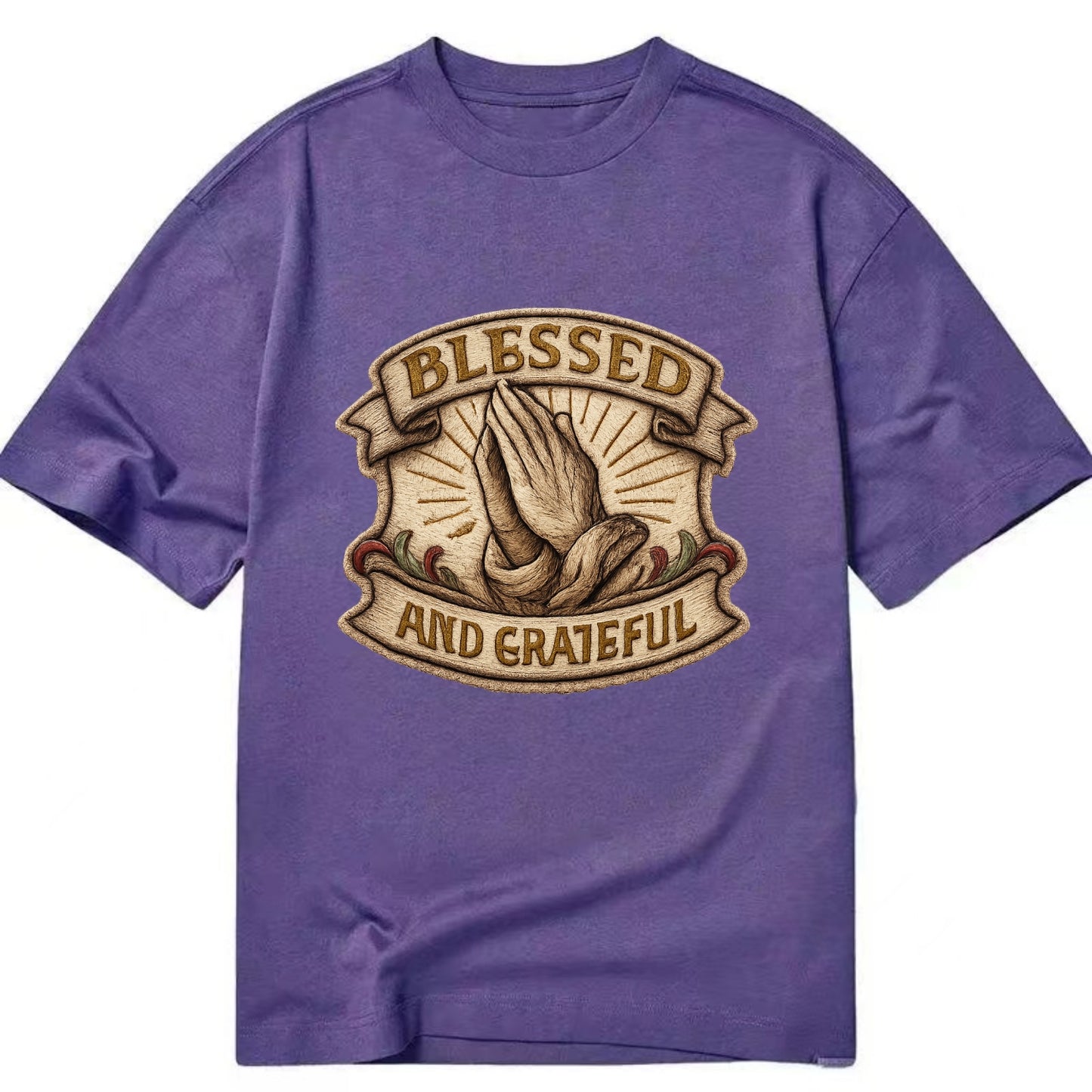 BLESSED AND GRATEFUL - praying hands with text in gold , thankful - Classic T-shirt - Purple