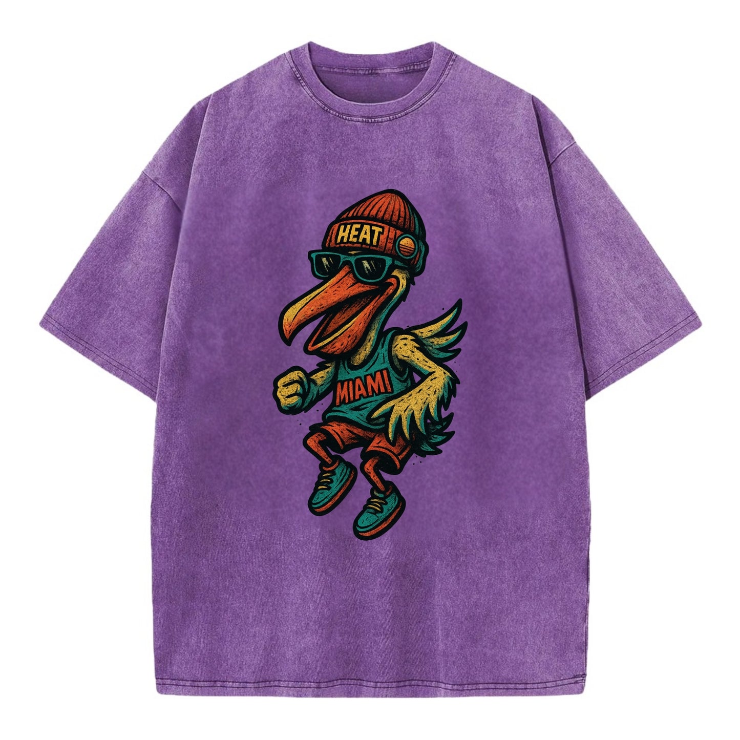 Miami Pelican wearing Heat beanie with sunset patch and wayfarer sunglasses - Vintage T-shirt - Purple