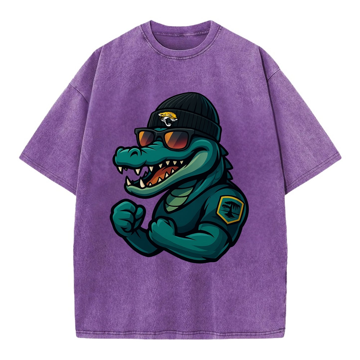 Jacksonville Alligator wearing Jaguars beanie with swamp patch and wayfarer - Vintage T-shirt - Purple